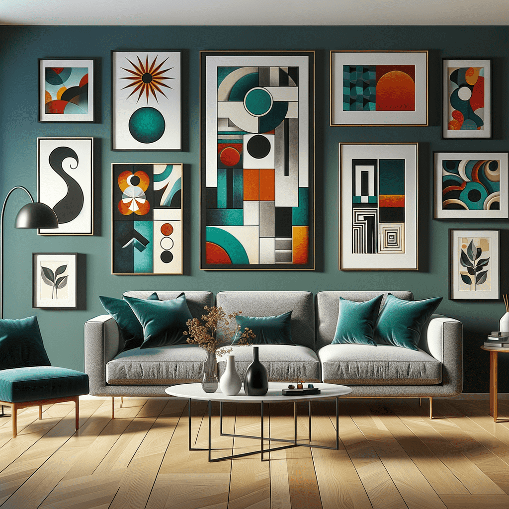 A stylish modern living room with teal walls adorned with a variety of framed abstract artworks. There is a grey sofa with teal pillows, a round white coffee table with decorative vases, a teal armchair, and a floor lamp on a herringbone parquet.