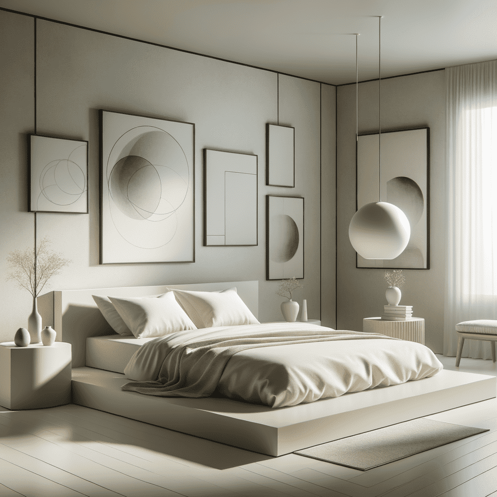 A modern minimalist bedroom with a low-profile bed, geometric wall art, subtle earth tones, and pendant lighting.