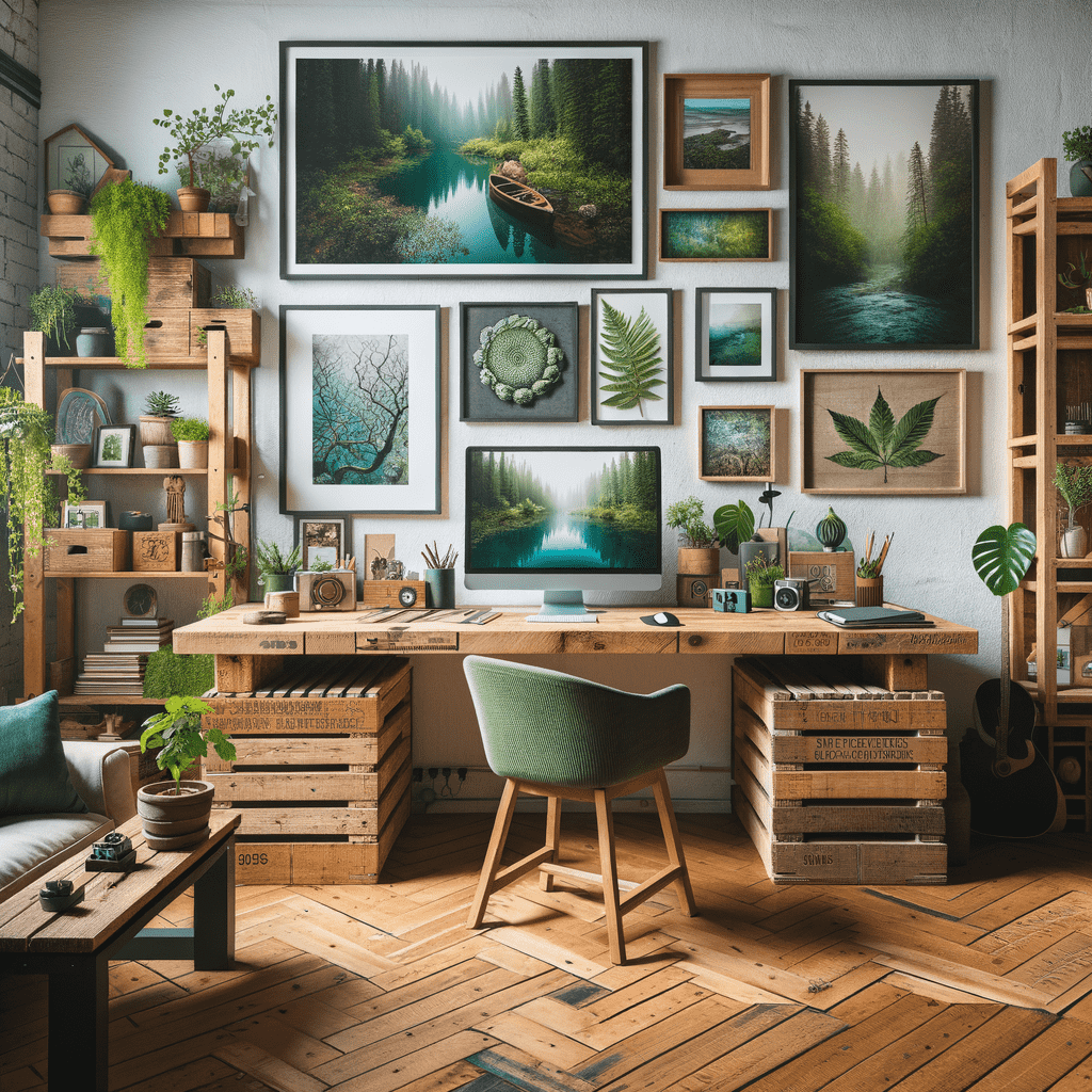 Alt text: Cozy home office with a rustic wooden desk and shelves filled with plants and nature-themed artwork. A green chair, computer, and various decorative items complete the tranquil workspace setup.