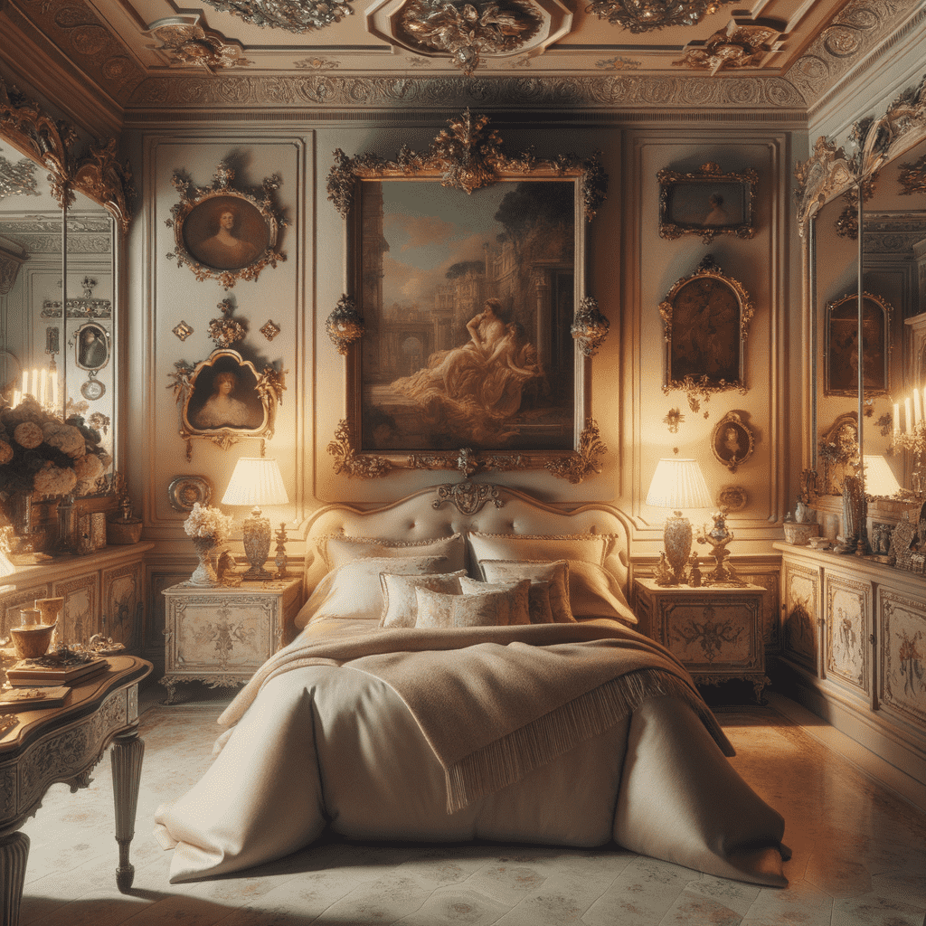 An ornately decorated bedroom with a large, baroque-style bed, classical paintings, and a warm, golden color palette.