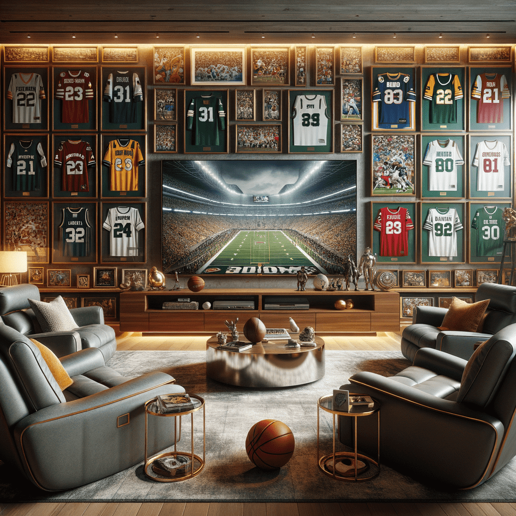 An elegant sports-themed room with framed sports jerseys on the wall, plush seating, and a large screen displaying a football stadium.