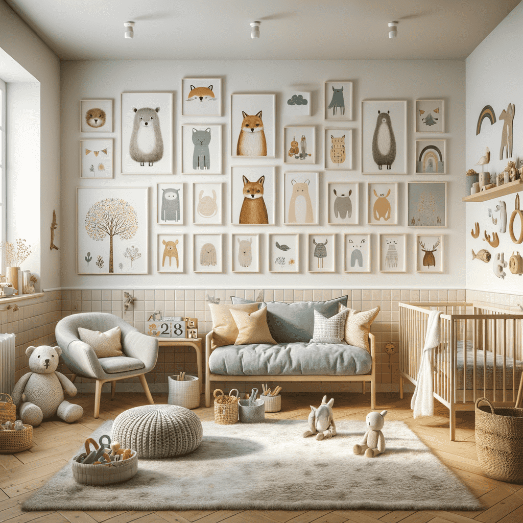 A cozy and well-decorated nursery with a neutral color palette, featuring a wall with framed animal illustrations, a plush armchair, a daybed with pillows, a crib, and various children's toys and decorative items.