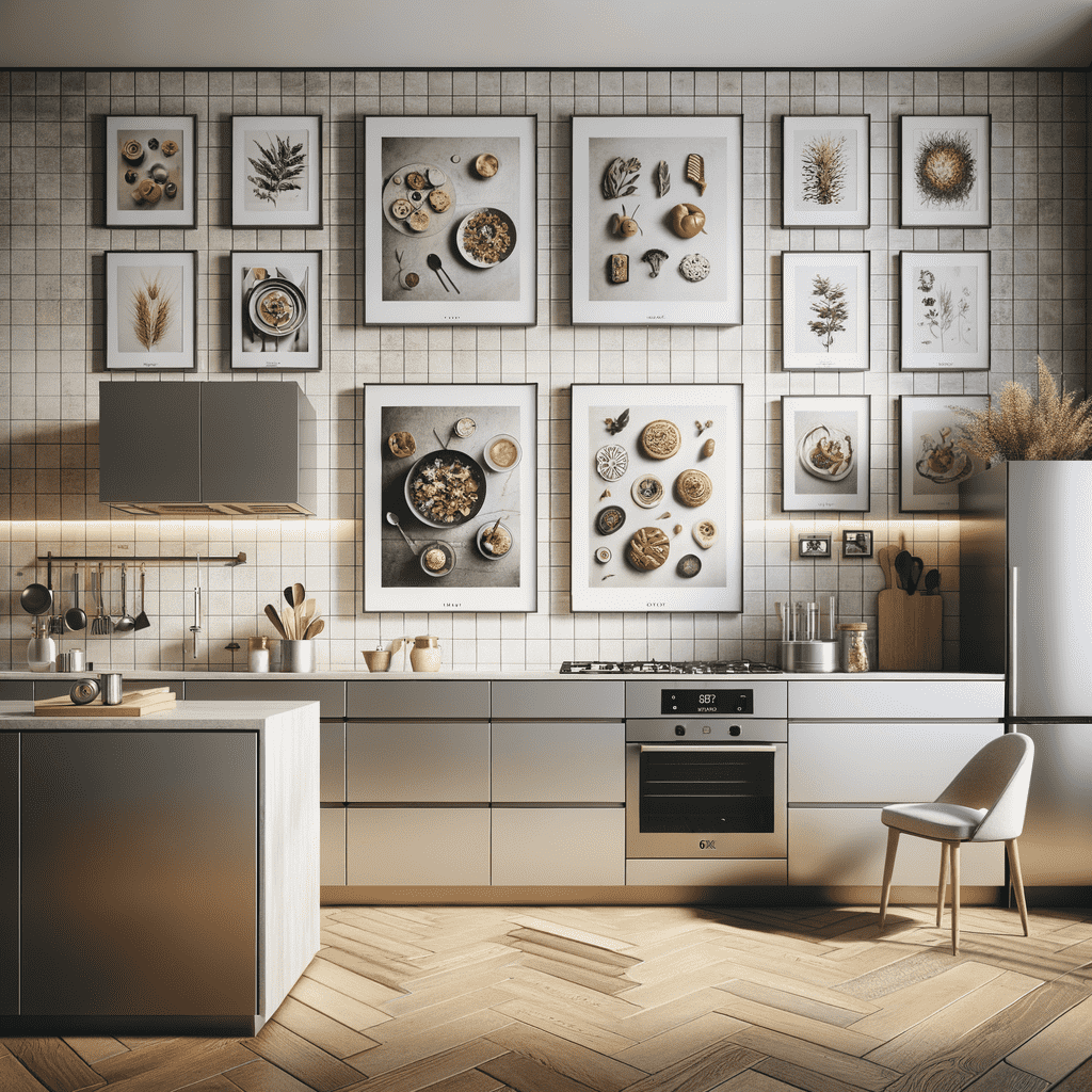 A modern kitchen interior with a variety of framed botanical and baking-themed prints on the wall, sleek cabinetry, a gas stove, an oven, and minimalist decor. The room has warm lighting and a herringbone wood floor.