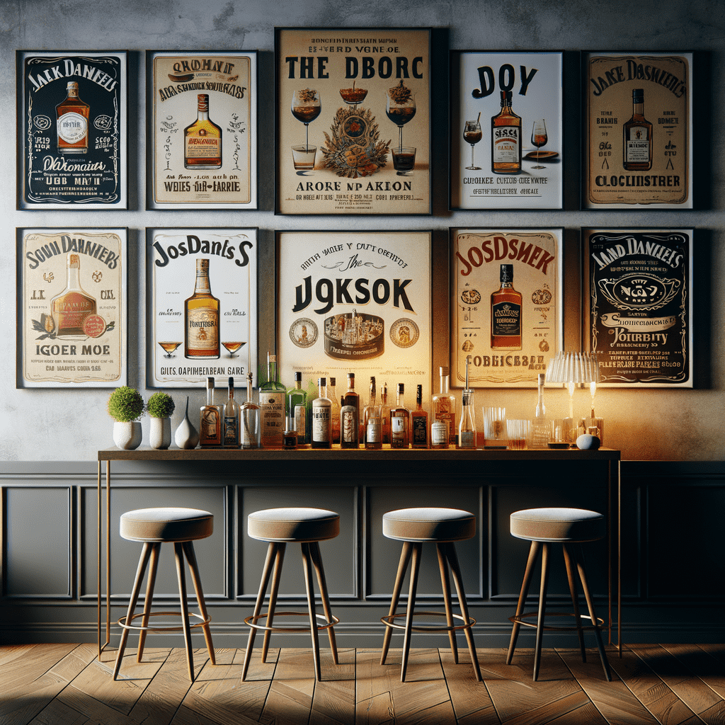 An elegant home bar setup with various bottles of alcohol, glasses, and candles on a dark wood counter. Vintage-style framed whiskey advertisements adorn the wall above. Four modern stools are arranged in front, set against a herringbone wood floor and a dark panel wall.