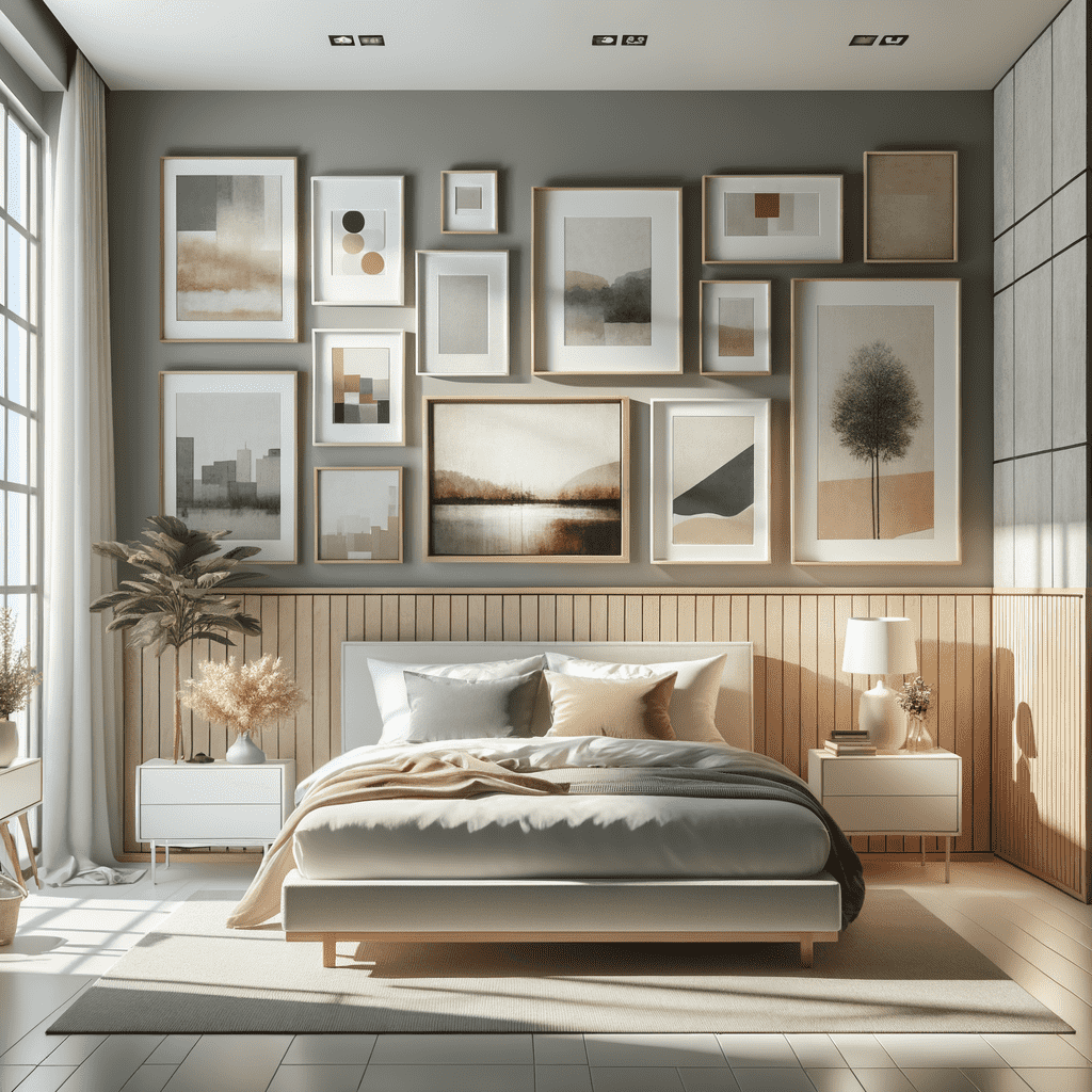 A modern bedroom with a large, neatly-made bed, a variety of framed artwork on the wall, and natural light streaming in from a window on the left.