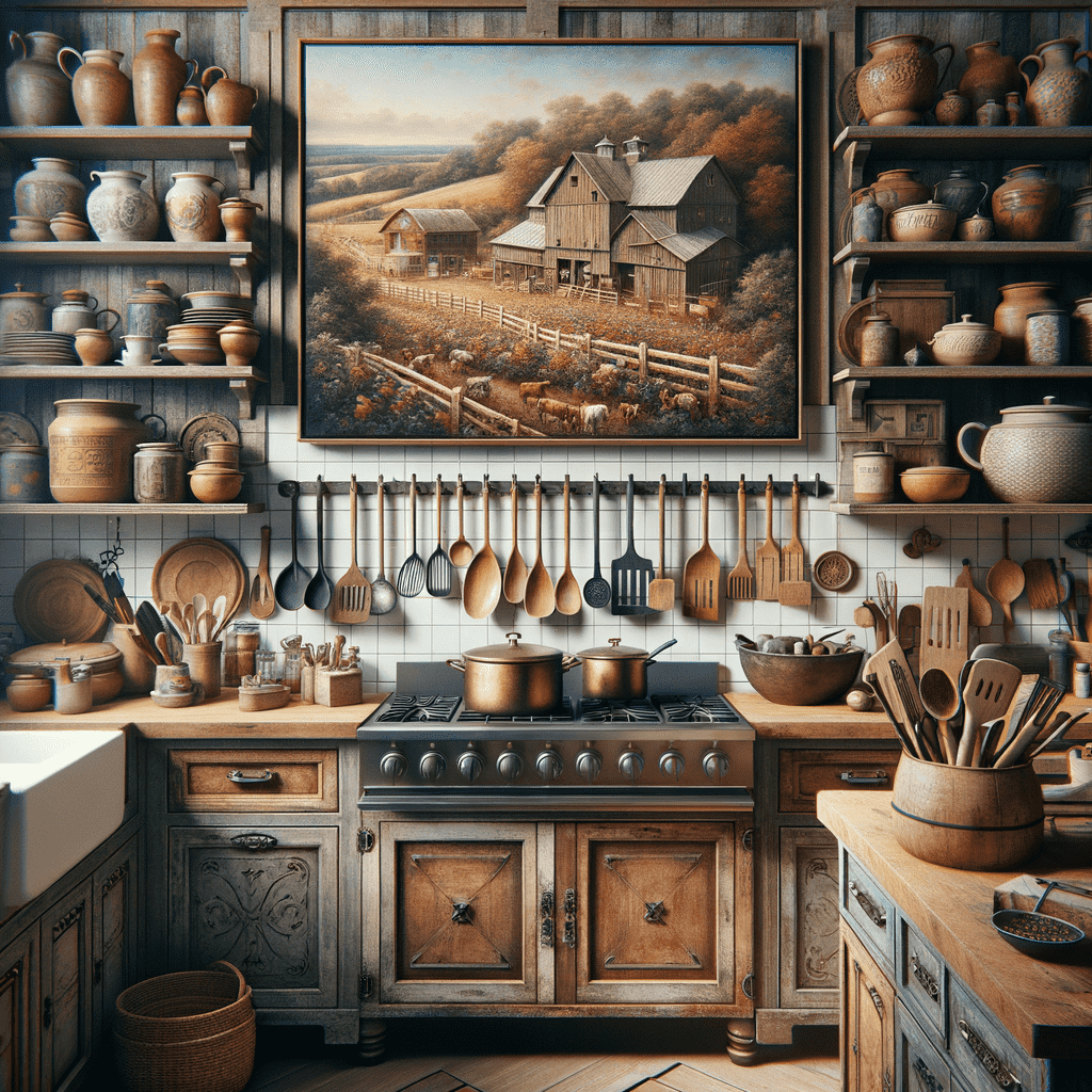 Rustic kitchen interior with wooden cabinetry, shelves filled with pottery, a cooktop with pans, and utensils hanging and arranged on counters, highlighted by a countryside painting on the wall.
