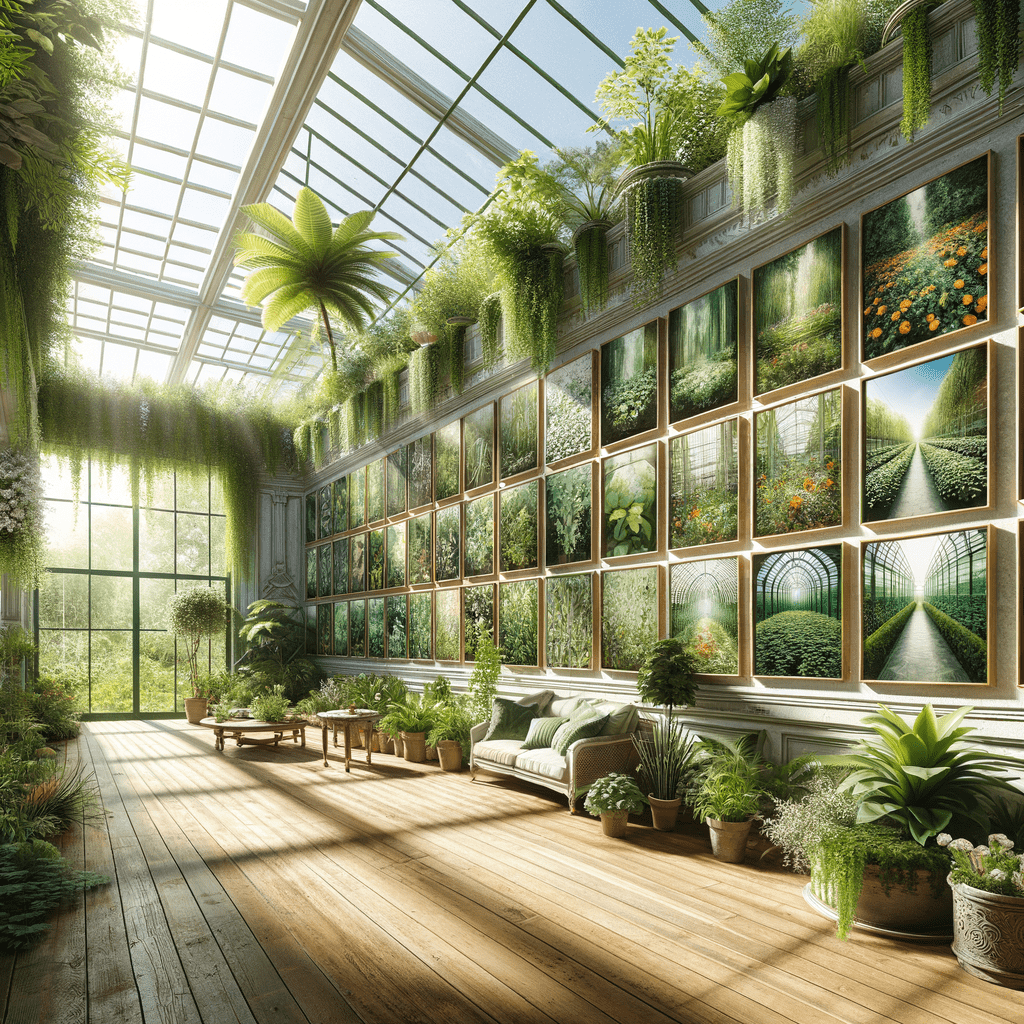 A sunlit greenhouse with a glass ceiling, lush hanging and potted greenery, wooden floors, and a cozy sitting area surrounded by framed pictures of gardens on the walls.