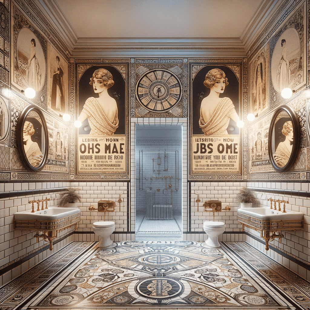 An ornately decorated vintage bathroom with patterned tiles, a freestanding bathtub, classical artwork, and elegant fixtures.