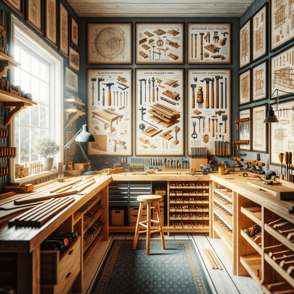 A well-organized woodworking workshop with an array of tools, detailed posters of tool diagrams on the wall, and sunlight streaming in through a window.