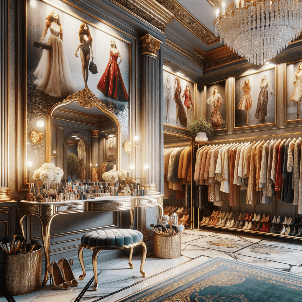 An opulent walk-in closet with a luxurious dressing table, a large mirror, plush seating, and an extensive collection of makeup. A variety of elegant dresses and shoes are displayed alongside framed pictures of fashion models on the walls, all under a grand chandelier.