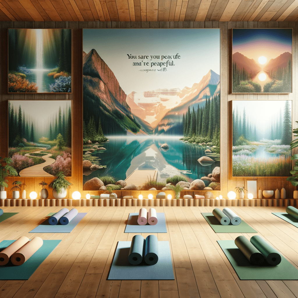 A serene yoga studio with wooden walls and flooring, decorated with multiple nature-inspired paintings, yoga mats laid out on the floor, and a calming message on the central image that reads "You are peaceful and powerful."