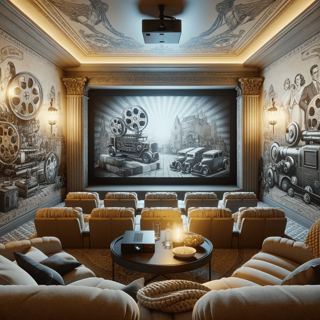 A luxurious home theater room with vintage film projectors and movie reels depicted on the wall, plush yellow seating, a projector mounted on the ceiling, and a large screen displaying a black and white image. A coffee table with snacks, a couch, and decorative lighting enhance the cozy ambiance.