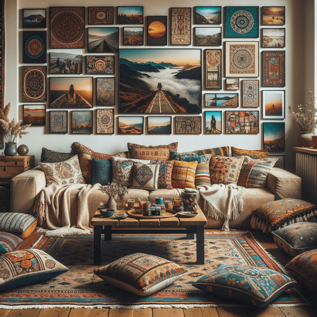 A cozy living room filled with eclectic decor, featuring a couch adorned with patterned pillows, a wall covered with framed pictures and decorative plates, and a warm-toned rug with floor cushions.