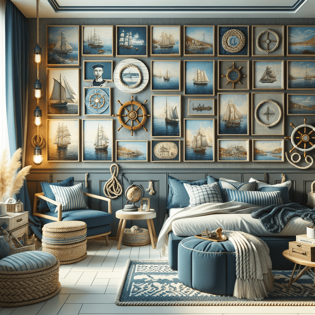 A nautical-themed bedroom with a feature wall of framed ship paintings, decorative ship wheels, and maritime accents, with blue and white bedding and furnishings.