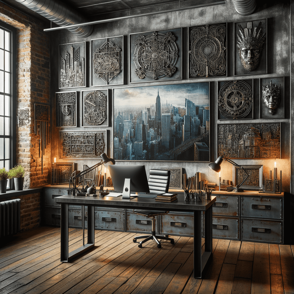A stylish home office with a modern desk and computer setup, adorned with eclectic wall art and metal decorative pieces, in a room with exposed brick and a view of a city skyline.