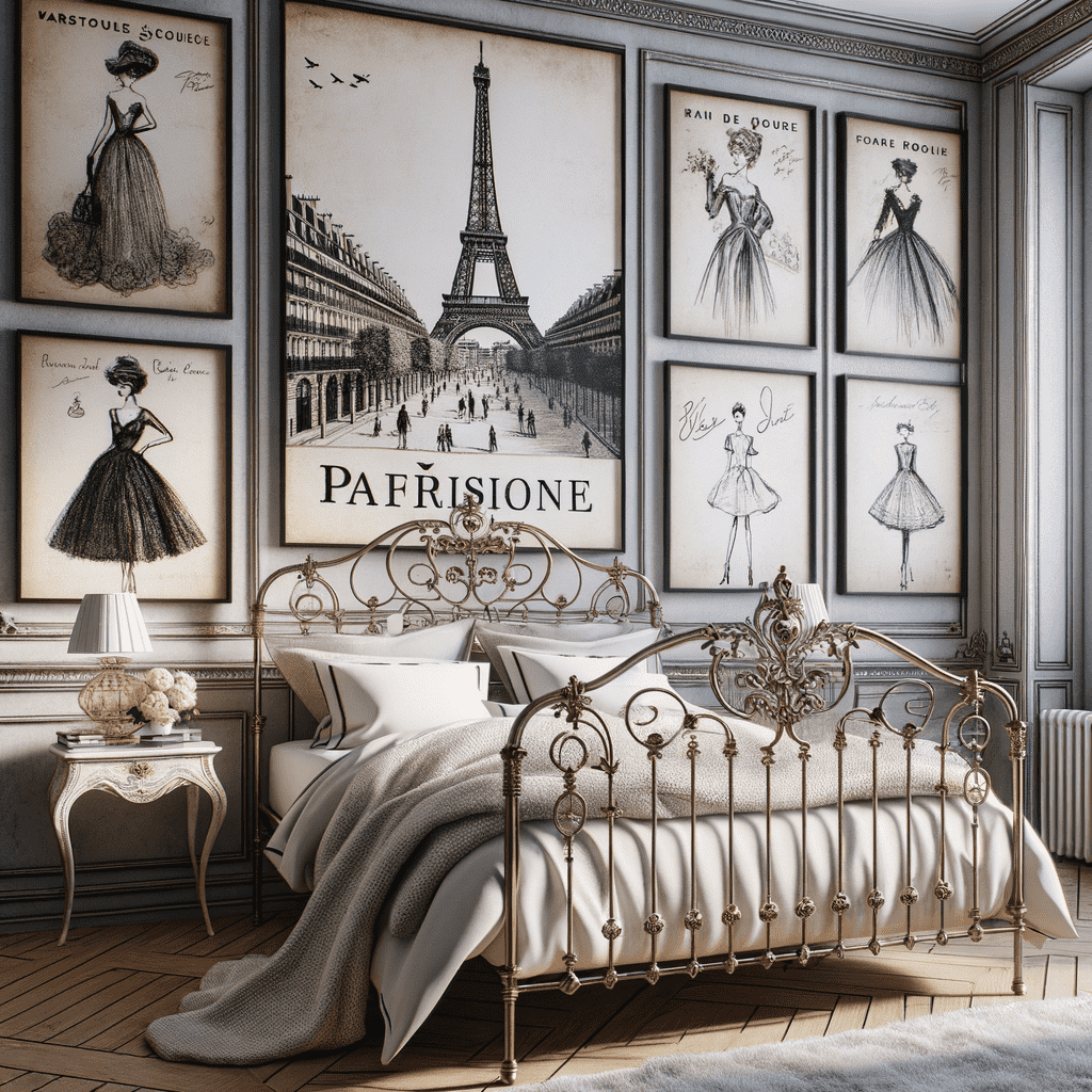 An elegant Parisian-themed bedroom with a vintage metal bed frame, luxurious bedding, and a wall adorned with framed sketches of the Eiffel Tower and chic fashion designs.