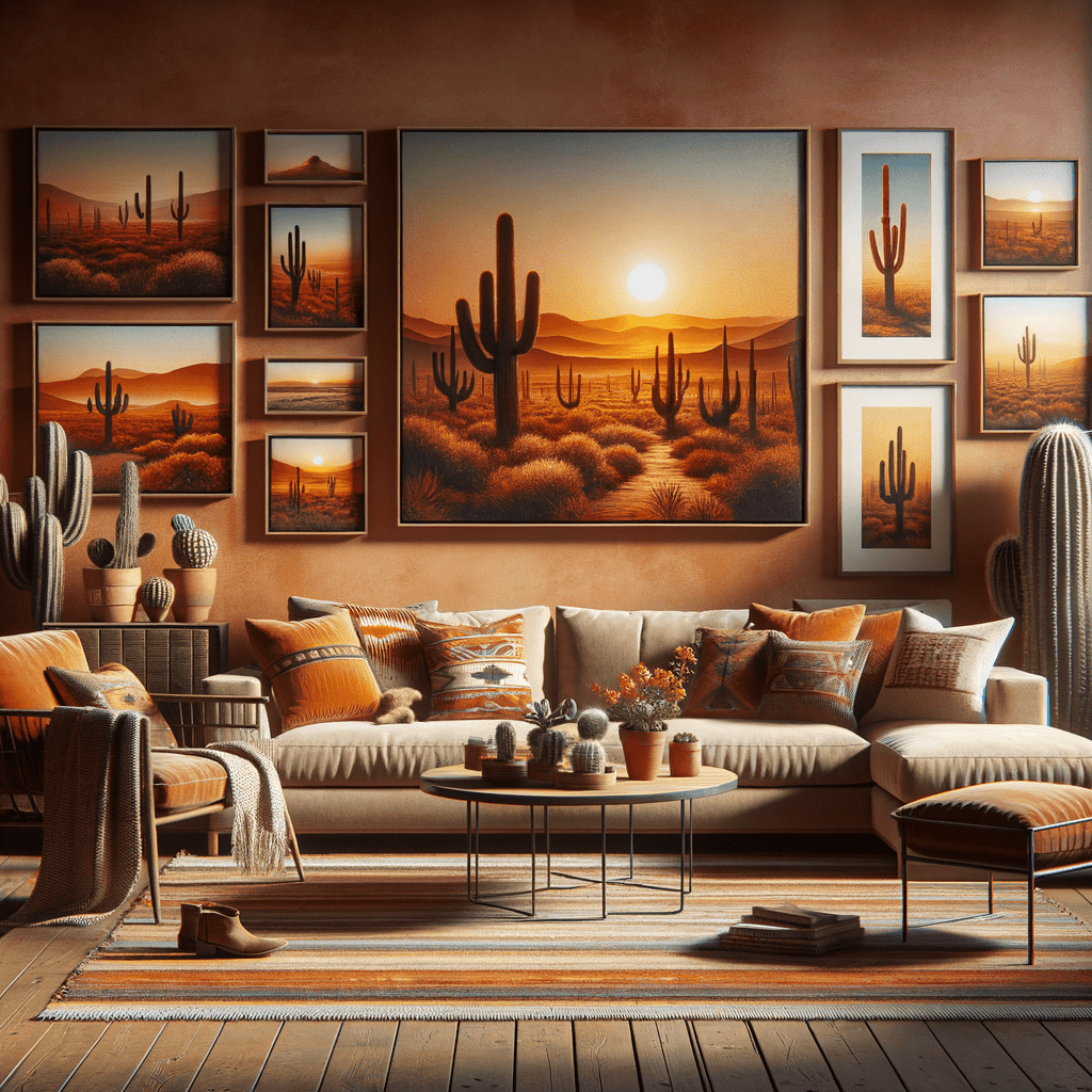 A cozy living room with a desert theme, featuring warm earth tones. A collection of cactus paintings hangs on the wall above a comfortable sofa adorned with patterned cushions. Near the sofa, there's a coffee table with potted cacti, and a woven rug completes the inviting scene.