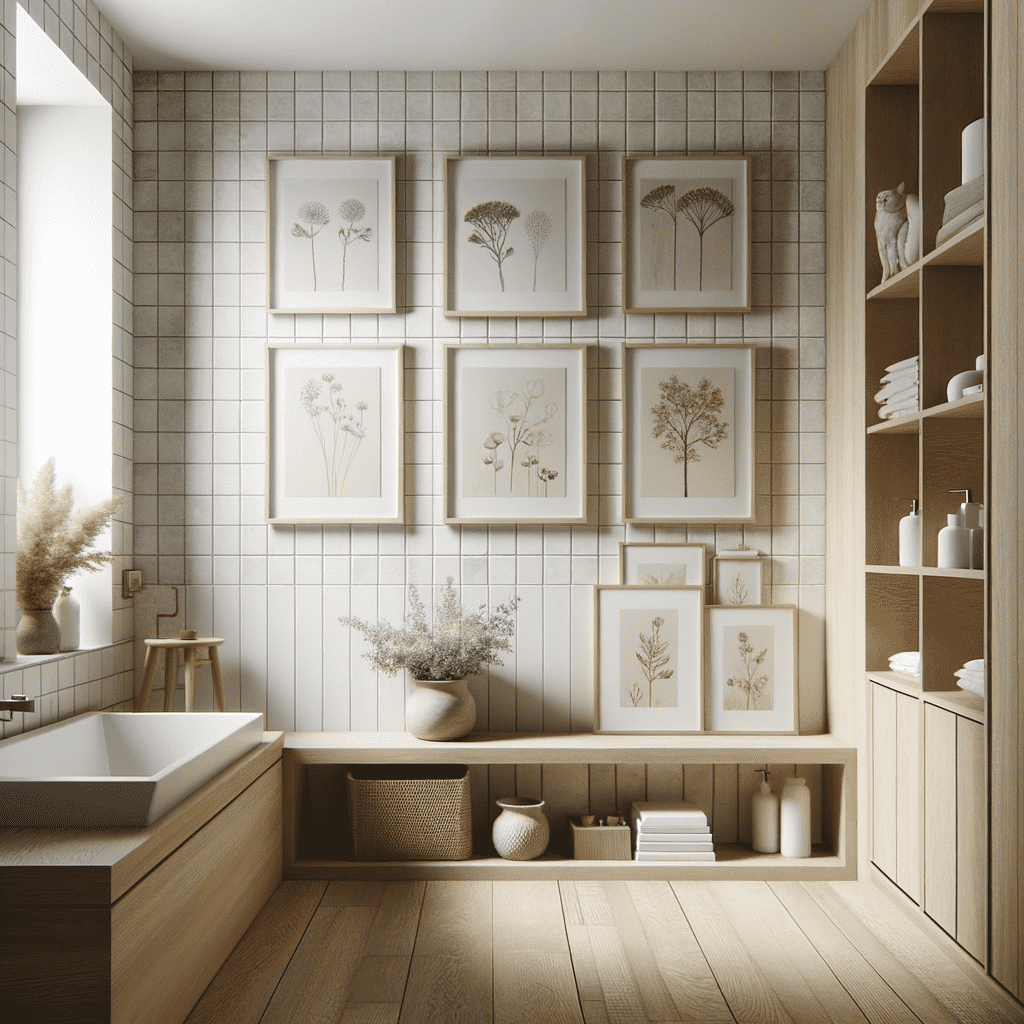 A modern bathroom interior with botanical art frames on the tiled wall, wooden shelves with towels and toiletries, and a single sink vanity next to a potted plant.