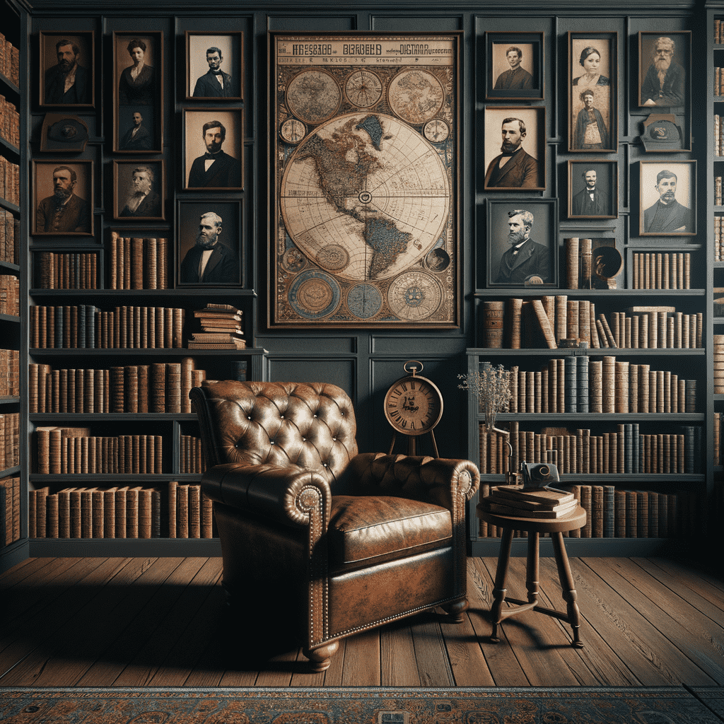 A vintage-style study with a leather armchair, bookshelves filled with old books, framed portraits on the walls, a large world map, and a classic camera on a small wooden table.
