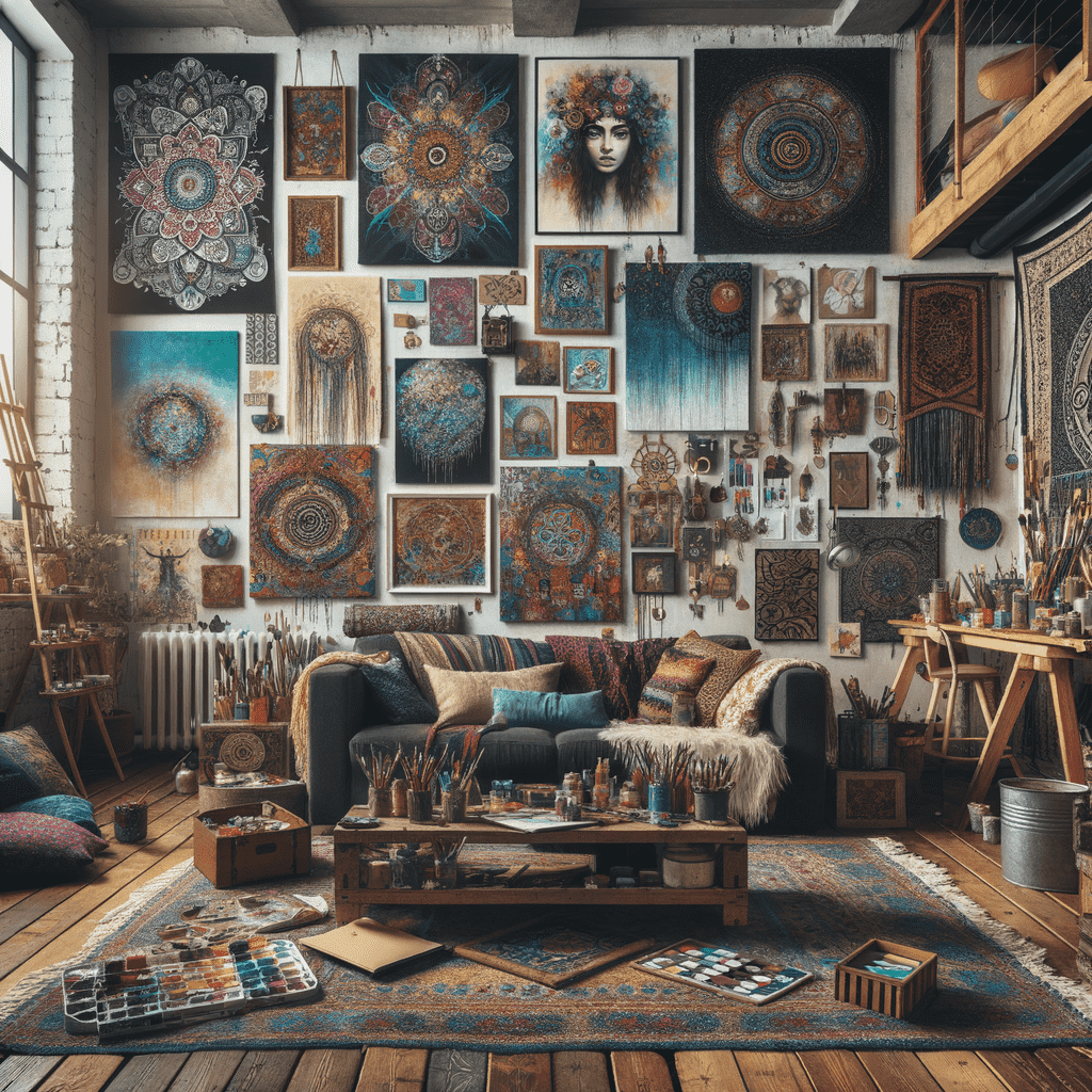 An artist's bohemian studio filled with a variety of paintings and mandala artwork displayed on the walls, an easel with paintbrushes, a cozy sitting area with a couch, and art supplies scattered throughout the room.