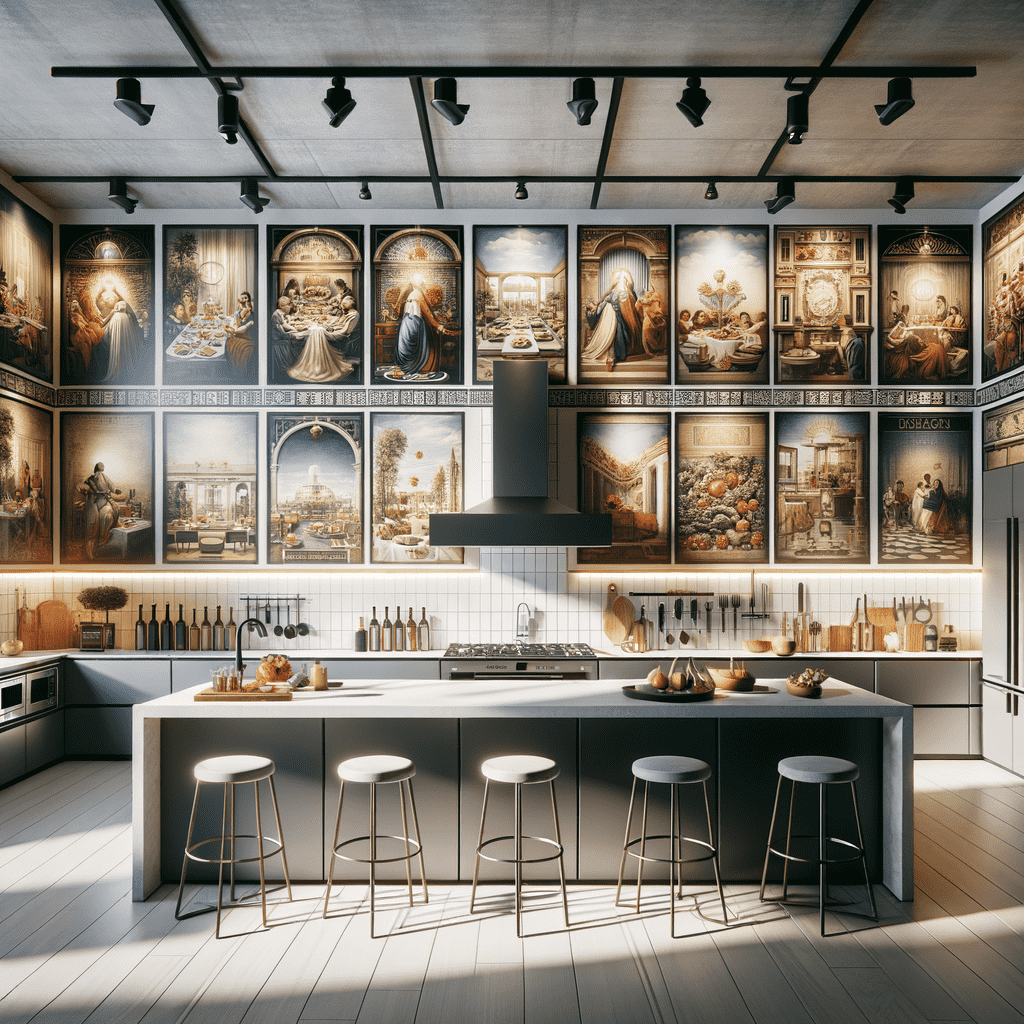 A modern kitchen with a large central island and bar stools, featuring walls adorned with classic paintings, under natural light filtering through the windows.
