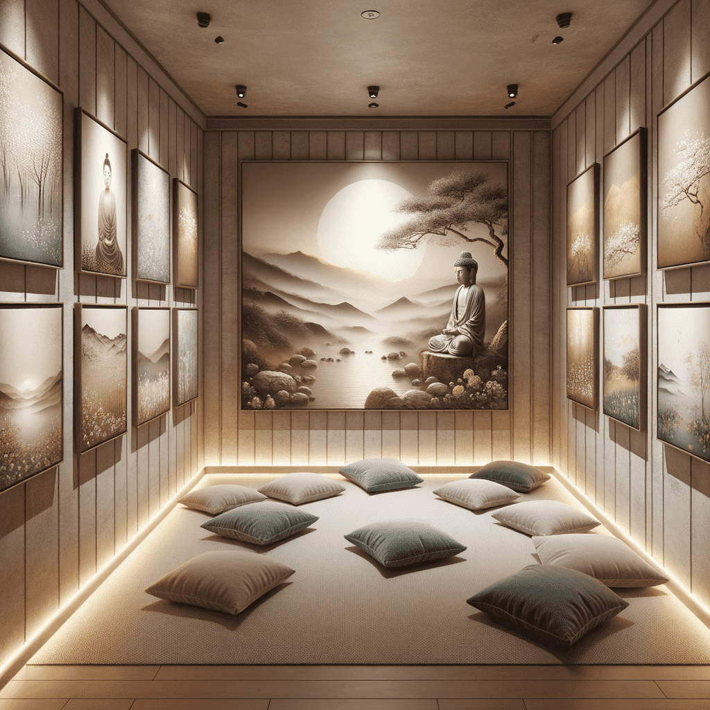 A serene meditation room with wooden walls adorned by tranquil art pieces, floor cushions neatly arranged on a tatami mat, and a large window mural depicting a Buddha statue overlooking a misty, mountainous landscape with a rising or setting sun.