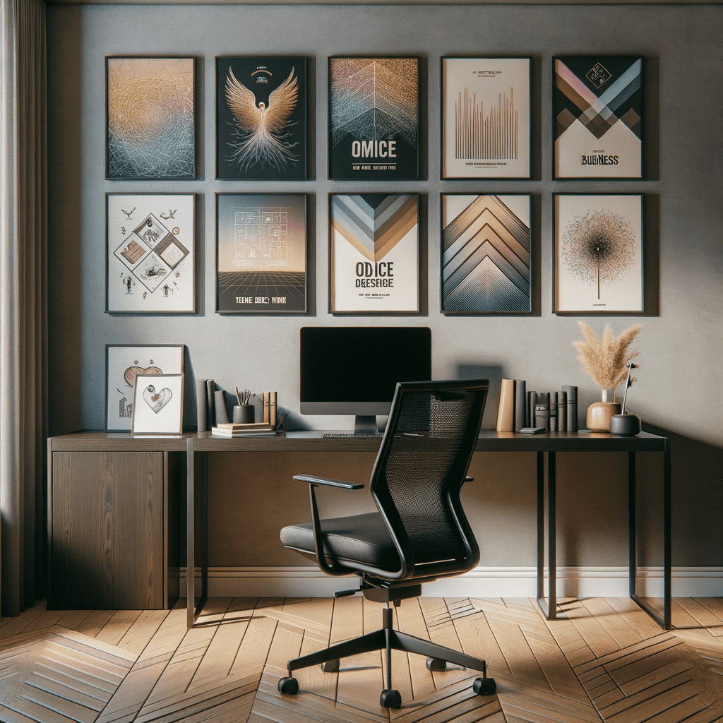 A modern home office with a wooden desk and ergonomic chair, a computer monitor, decorative framed wall art, and plants under warm lighting.