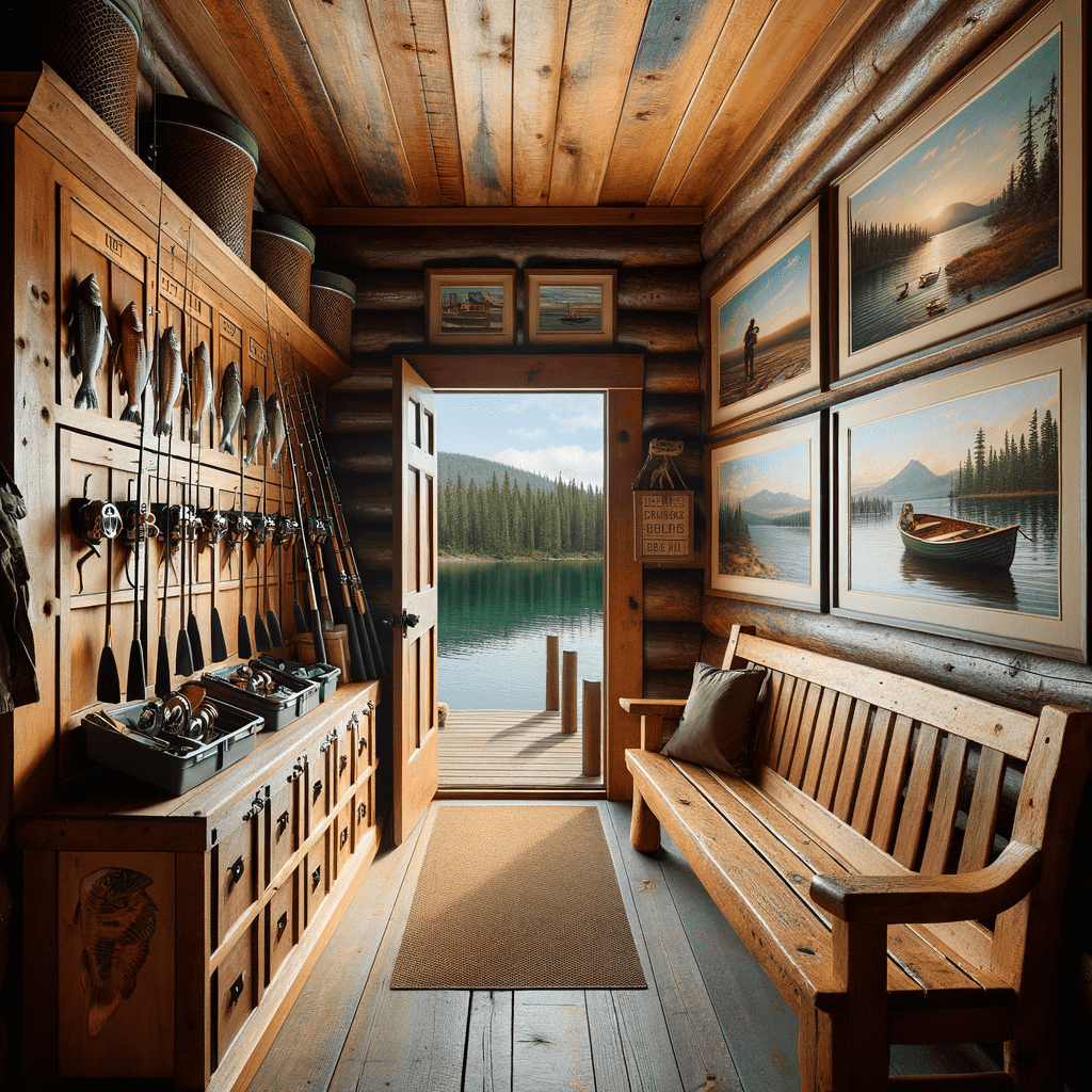 Interior view of a rustic cabin with fishing gear and paintings, looking out onto a serene lake through an open door.