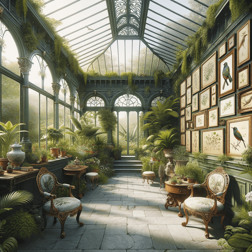 An elegant glass conservatory filled with lush green plants, classical furniture, and framed botanical illustrations on the walls, all basked in soft sunlight.