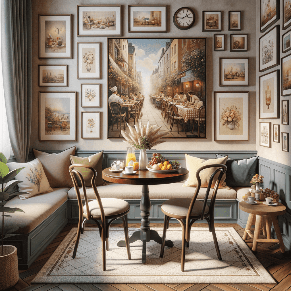 A cozy, well-decorated corner of a room with a table set for breakfast, two chairs, a couch with cushions, and a wall adorned with an assortment of framed artwork and a clock, providing a warm and inviting atmosphere.