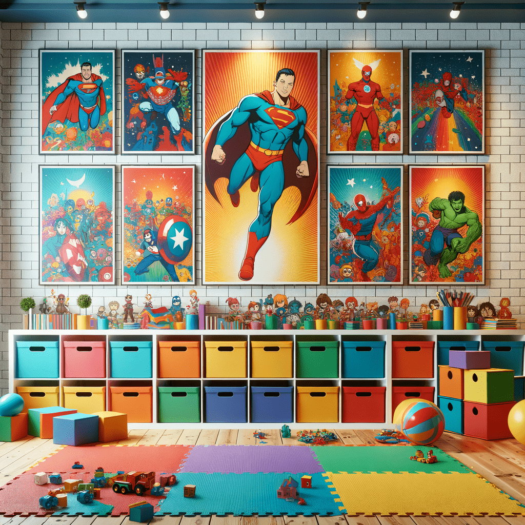 A colorful playroom with walls adorned by large posters of various animated superhero characters. The room is filled with toy shelves, a multi-colored storage unit, scattered toys, and a play mat on the floor.