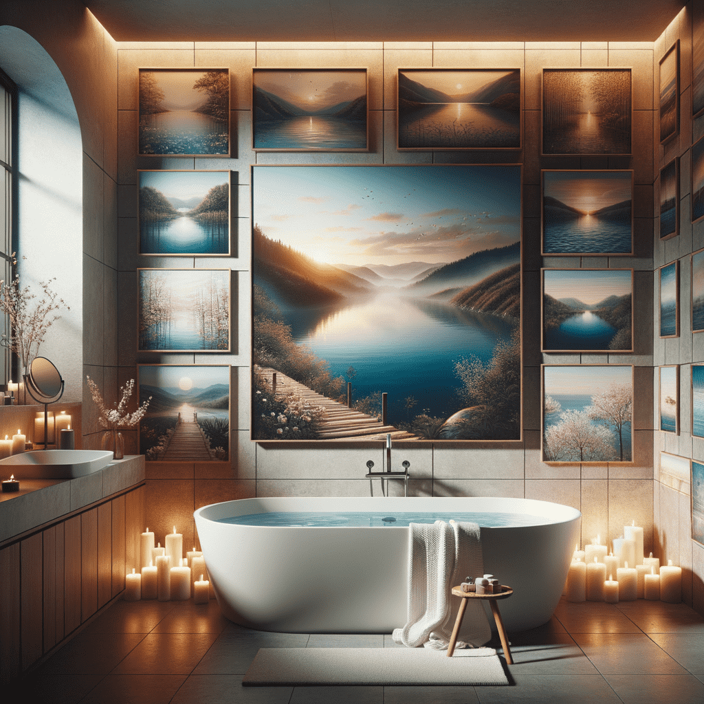 A luxurious bathroom with a freestanding bathtub surrounded by lit candles. The walls are adorned with a collection of serene landscape paintings, creating a peaceful atmosphere.