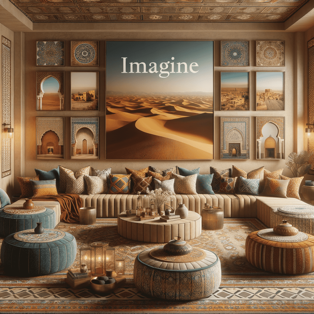 An elegantly decorated room with a Middle Eastern or Moroccan theme, featuring ornate patterns on walls, textiles, and furniture, with a large poster that states "Imagine" on the wall.