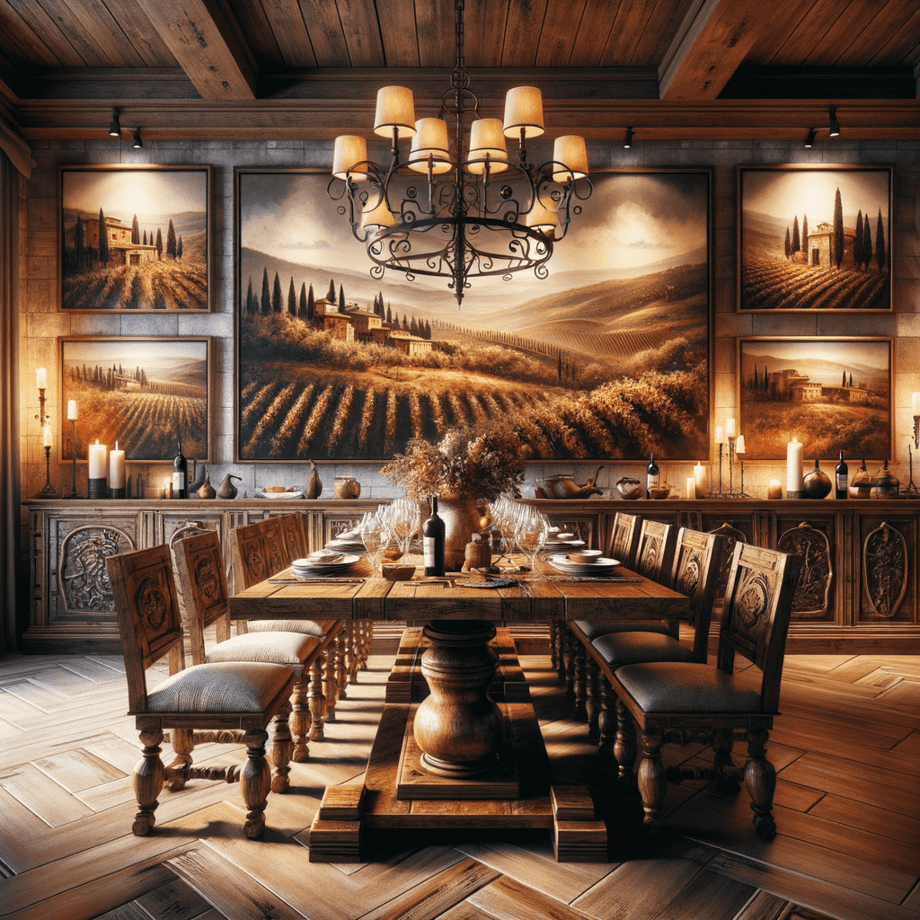 An elegantly rustic dining room with a large wooden table and ornate chairs, lit by a grand chandelier, decorated with countryside paintings and cozy candles.