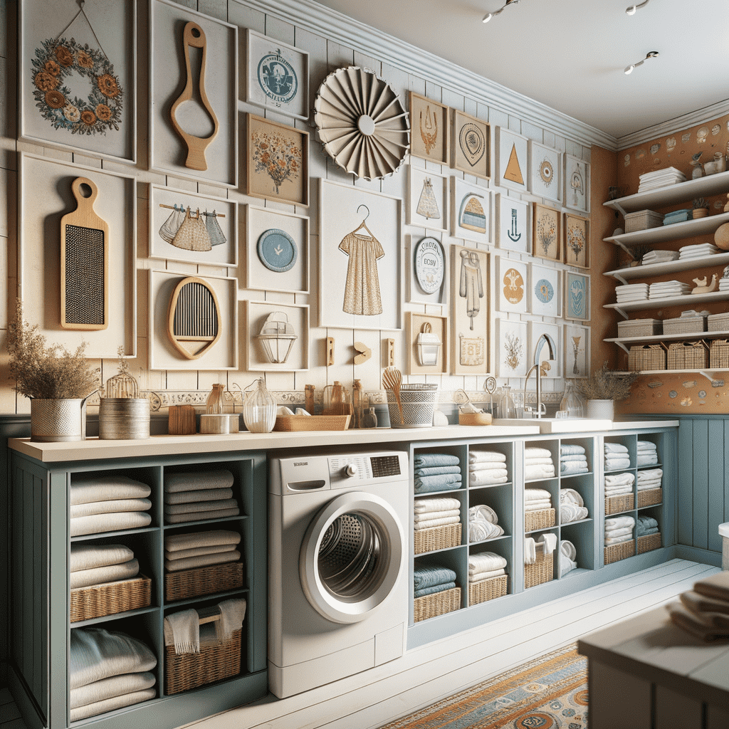 A cozy and organized laundry room with a wall decorated with framed art and household items, a washing machine, and shelves neatly stacked with linens and wicker baskets.