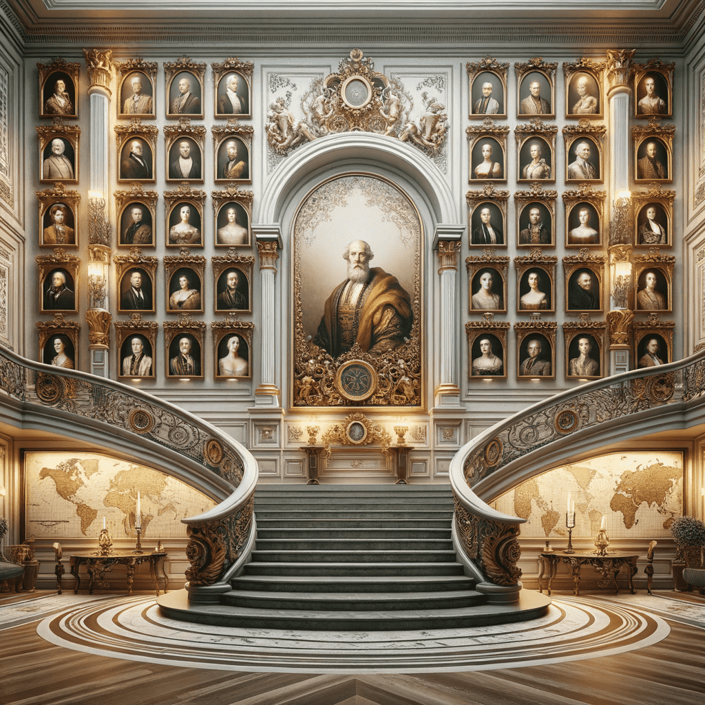 An ornately decorated grand hall with a sweeping double staircase, walls adorned with rows of framed portraits, a large central portrait, and a floor with a circular pattern leading to a meticulously detailed world map on the far wall.