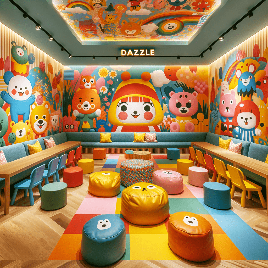 Colorful children's playroom with cartoon-character decor, plush seating, and a vibrant multicolored floor.