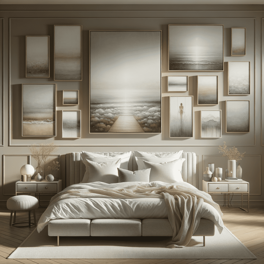 A serene bedroom with a large, plush bed in the center, beige and white bedding, and a series of framed landscape artworks on the wall above, in a cohesive earth-tone color palette.