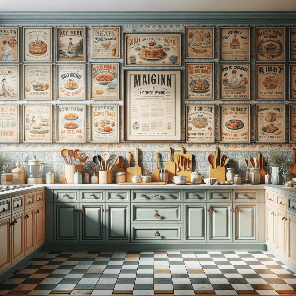 A vintage-style kitchen with a checkered floor and blue-green cabinetry displaying a collection of antique posters and kitchen utensils.