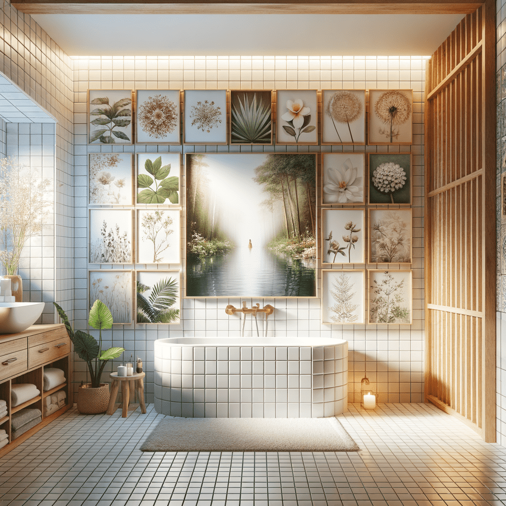 A tranquil bathroom with a nature-inspired design, featuring a built-in bathtub, a vanity, and a decor wall of framed botanical illustrations with a central landscape painting.