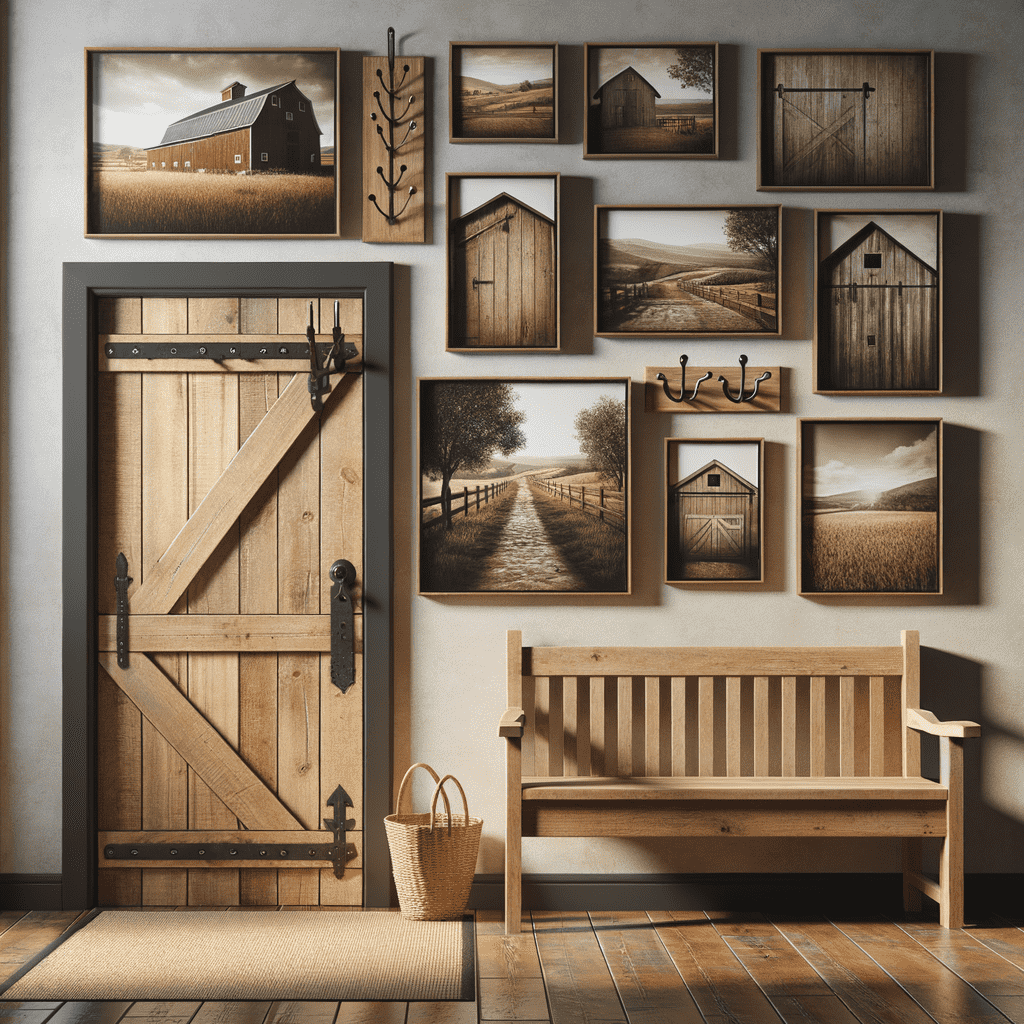 A rustic interior with a collection of framed country landscape photographs on the wall, a wooden bench, a wicker basket, and a barn-style door.