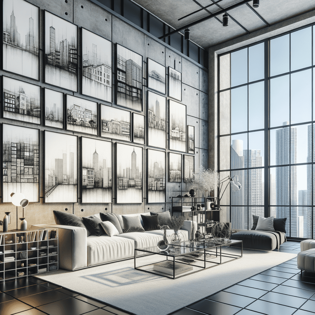 Modern urban loft living room with a high ceiling, large windows, a collection of cityscape sketches on the wall, and stylish furnishings.