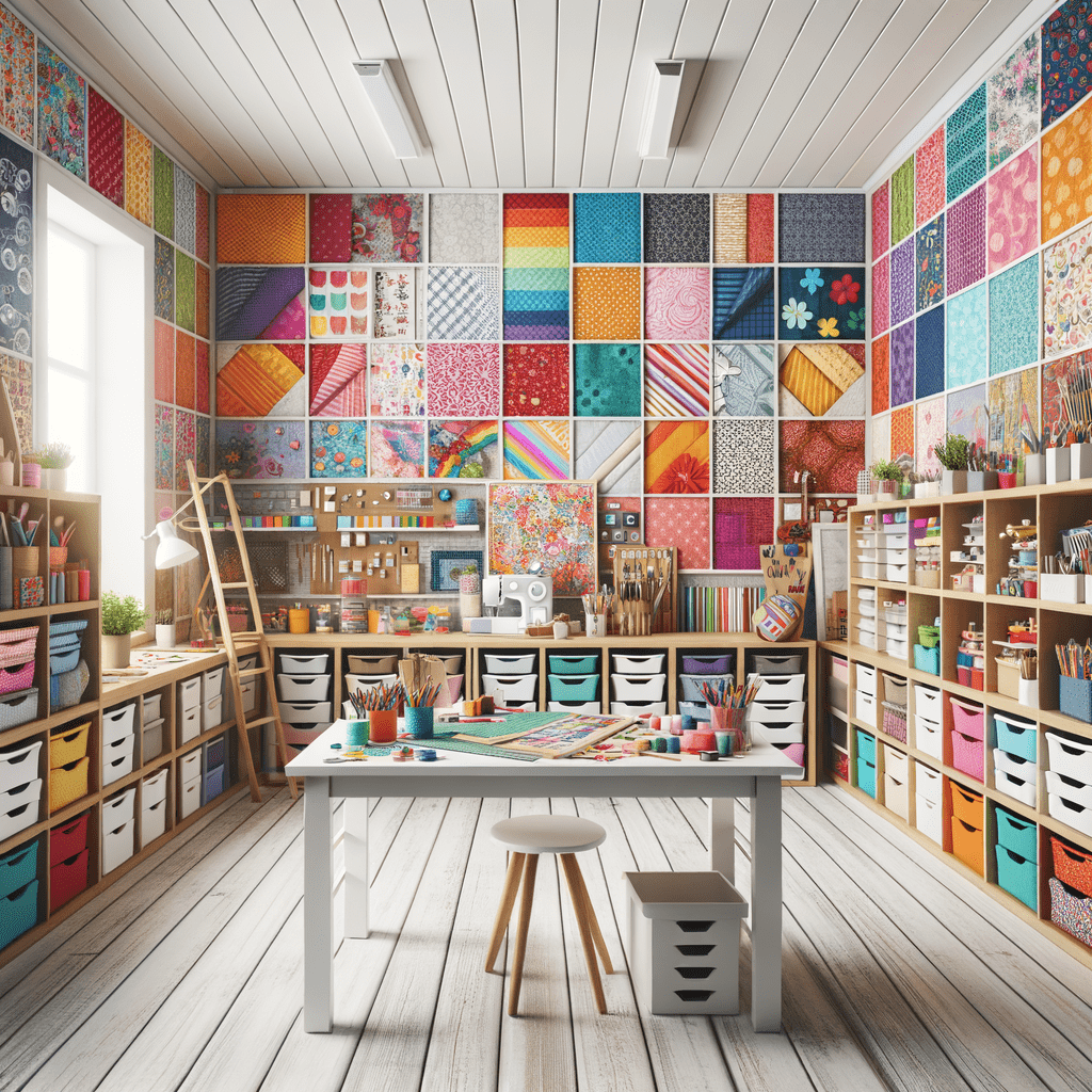 Colorful arts and crafts room with a patchwork of patterned fabrics on the wall, a central table with art supplies, and well-organized shelves with baskets and materials.