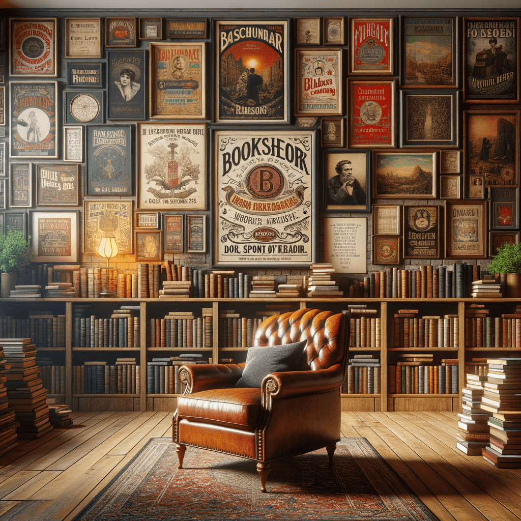 A cozy reading nook with a classic leather armchair, surrounded by shelves filled with books and adorned with various vintage posters on the wall.