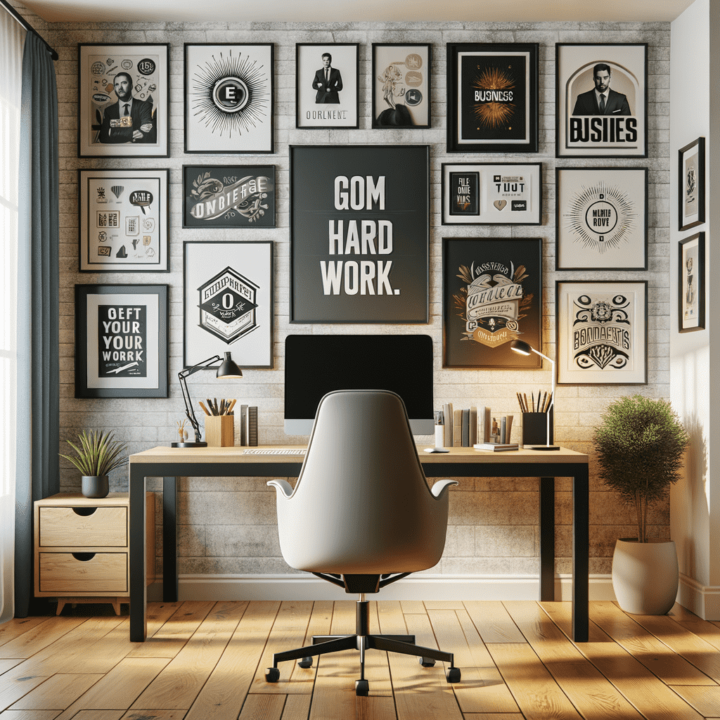 Home office with a modern desk and chair, a computer monitor, and a wall decorated with a variety of framed inspirational quotes and art pieces.