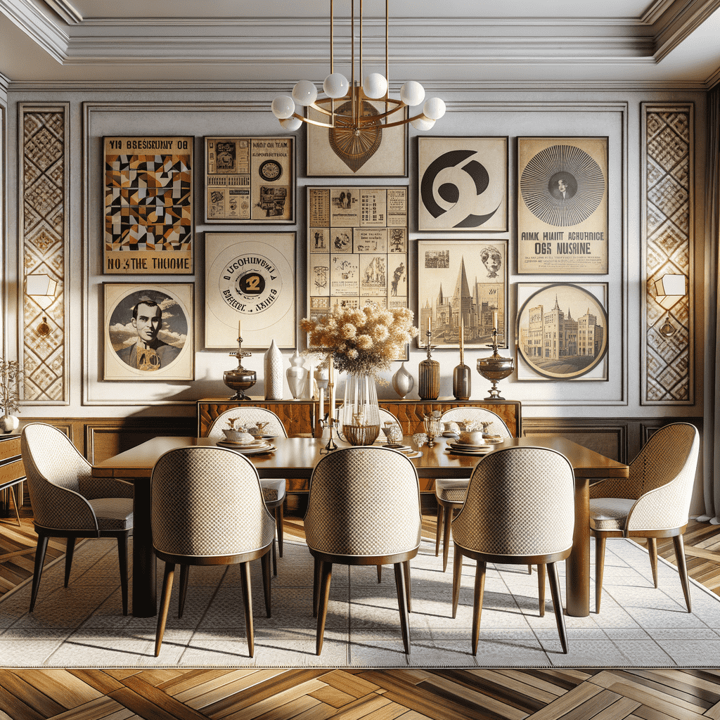 A sophisticated dining room with a herringbone pattern floor, a table set for six, modern chairs, an assortment of framed artworks on the wall, and a stylish spherical chandelier.