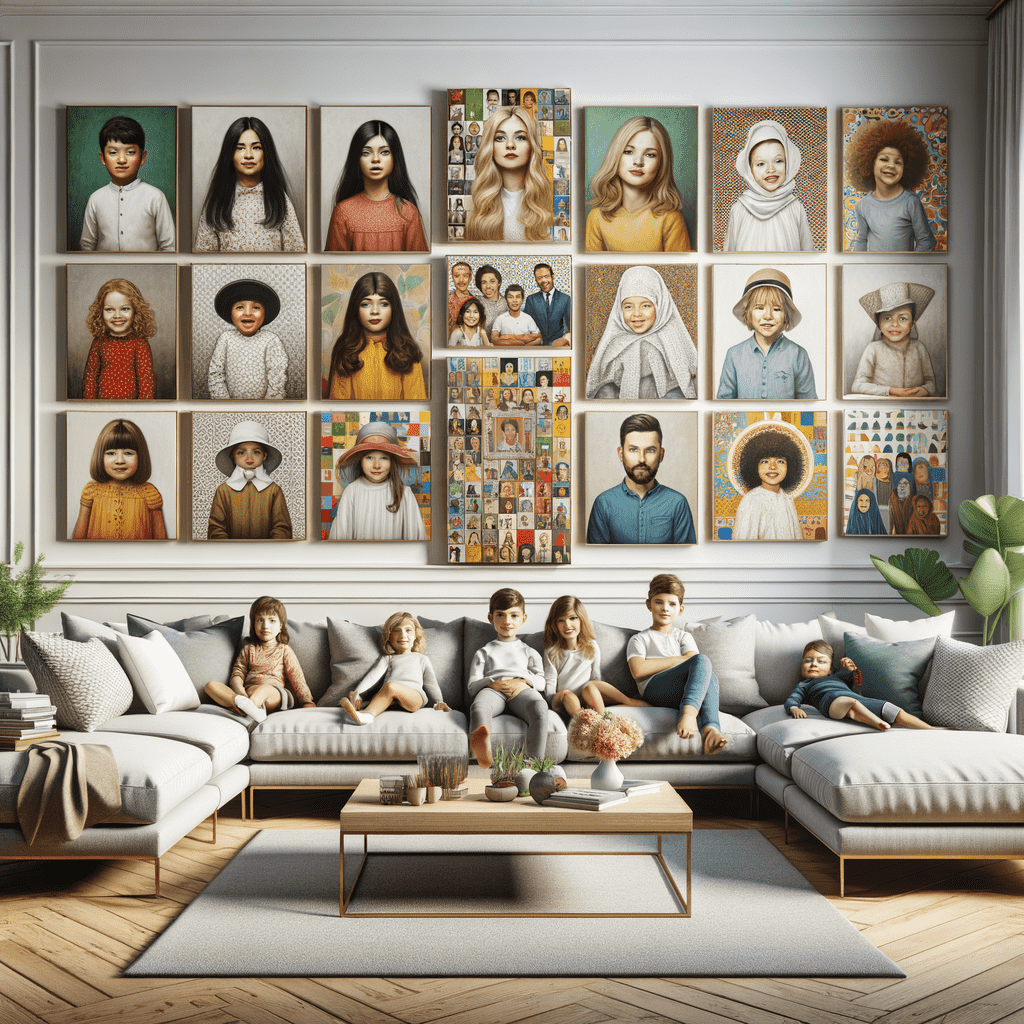 A modern living room with a group of people sitting on sofas beneath a large wall displaying numerous portraits of diverse individuals.
