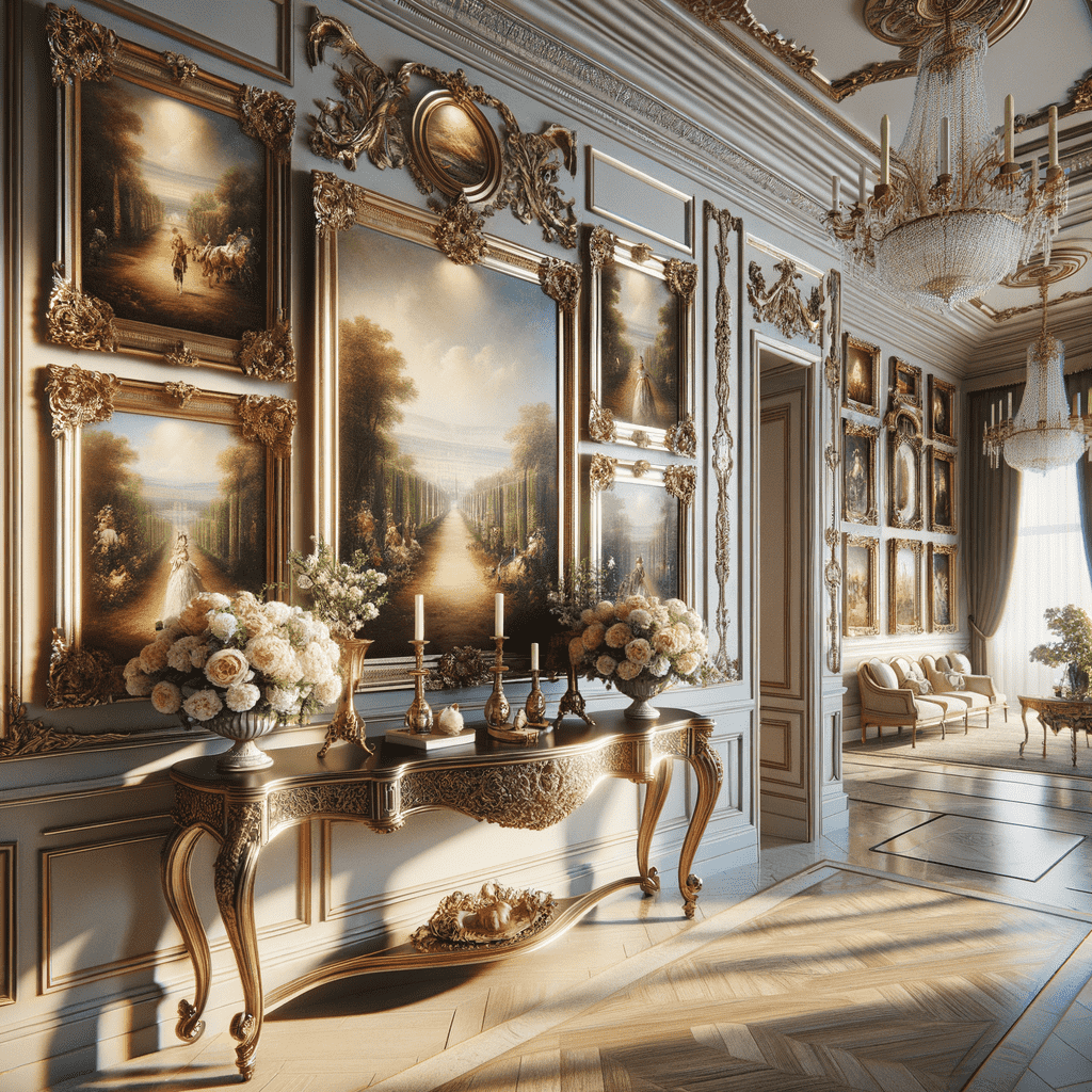 An opulent room with classical decoration, featuring gold-framed landscape paintings, ornate furniture, chandeliers, and a bouquet of white flowers on a console table.