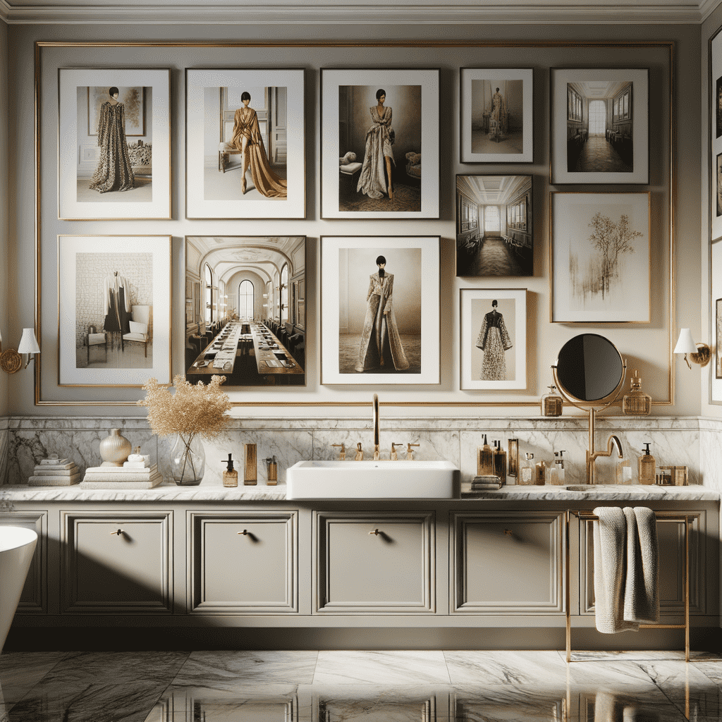 An elegant bathroom with a classic design, featuring marble countertops and floors, a white sink, gold fixtures, and a gallery wall of framed fashion photographs.