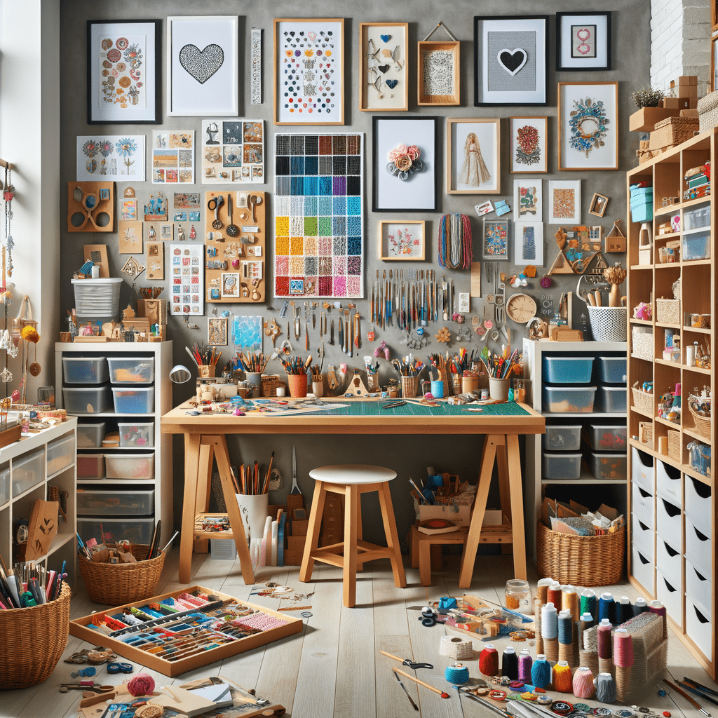 Alt text: A well-organized craft room with a wooden work table, art supplies, wall-mounted tool racks, and inspiration boards filled with various creative designs.